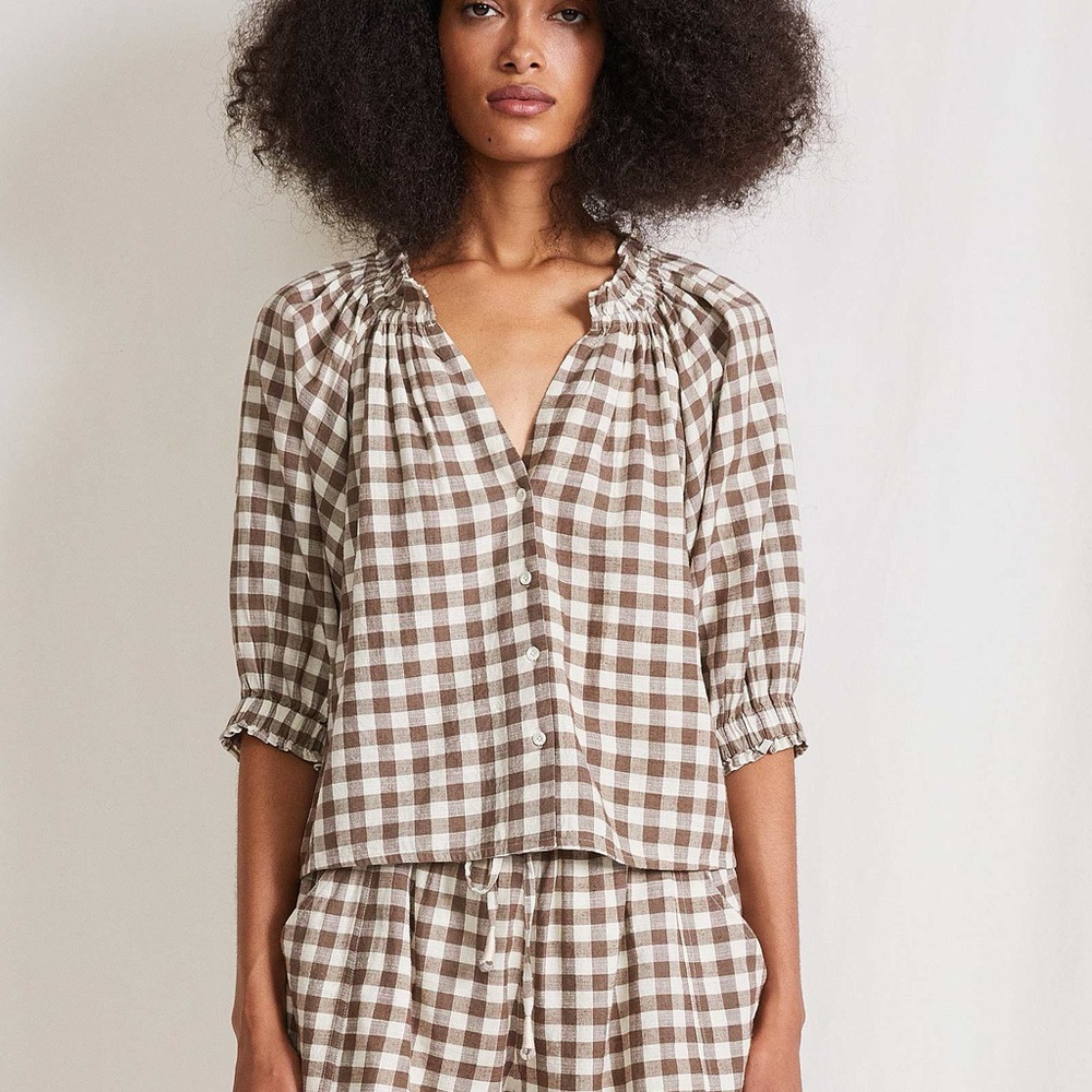 Apiece Apart Brown and White Gingham Button-Front Blouse